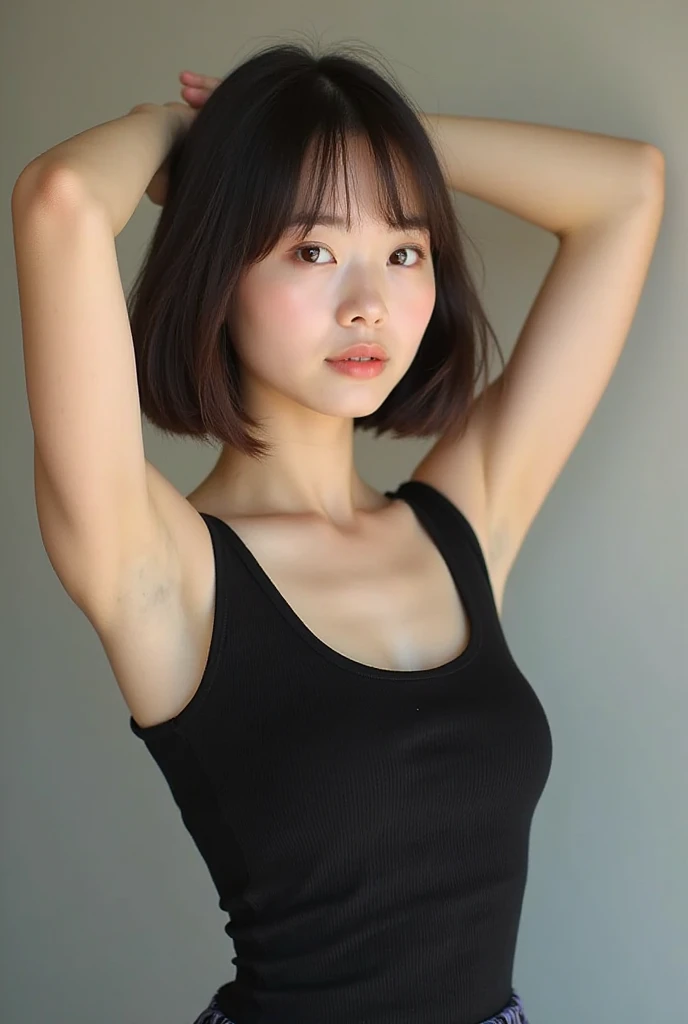 8K、top-quality、masterpiece、超A high resolution、photo-like、SLR、Looking down,From below,beautiful japanese female、Elegance、There is a good、Gentle face、Beauty of the wind、Moist beauty、short-cut、Keep your bangs neat and tidy、The eyes are far away、Transparent atmosphere、Beautiful face、Raised corners of the mouth、drooing eyes、Tanuki face、wrist watch、a necklace、A bracelet、Gradient lighting、Drop long bangs to the side、Girls and men、Delicate skin、Look into the distance、Brown-eyed、up chest、the shape of the chest is clear,,,,,,,,,,,,,,、very very gigantic boobs、breasts are large、Raw photography、(pureerosface_v1:0.5)、All-Over Print Tie-Back Halter Top、halterneck、Tieback、Sleeveless、no sleeves、Sleeveless camisole、sleeve less、halterneck、tight fitted、white clothes、、Round Neck、Sexy clothes、Sheer feeling、Take your eyes off、subject、Lean、Look here、Ass big、big butts、bbw、Office fire escape、Fire escape in the building、Staircase landing、