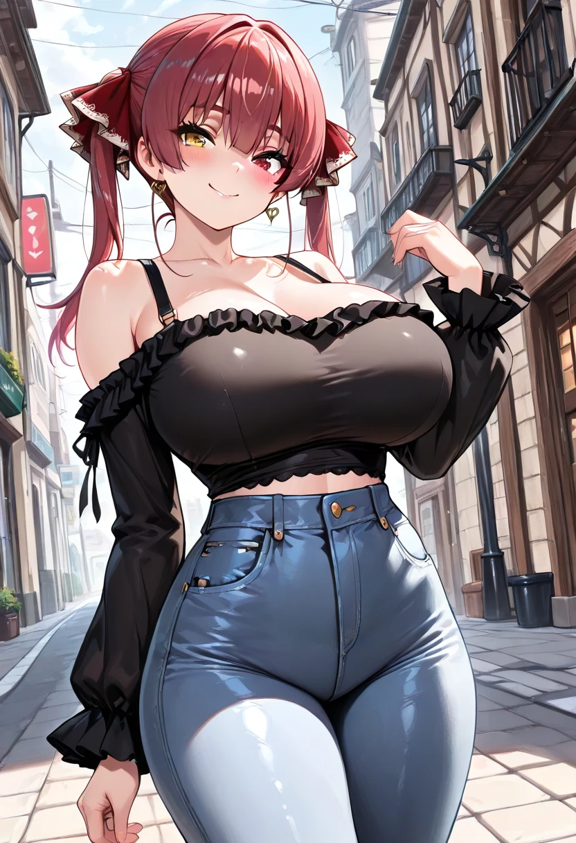 (best quality:1.5, highres, UHD, 4K, detailed lighting, shaders, perfect hand anatomy), dark red ponytail, large breasts, thighs, crotch, sexy, smiling, white tank top, shorts, standing, street background, pov
