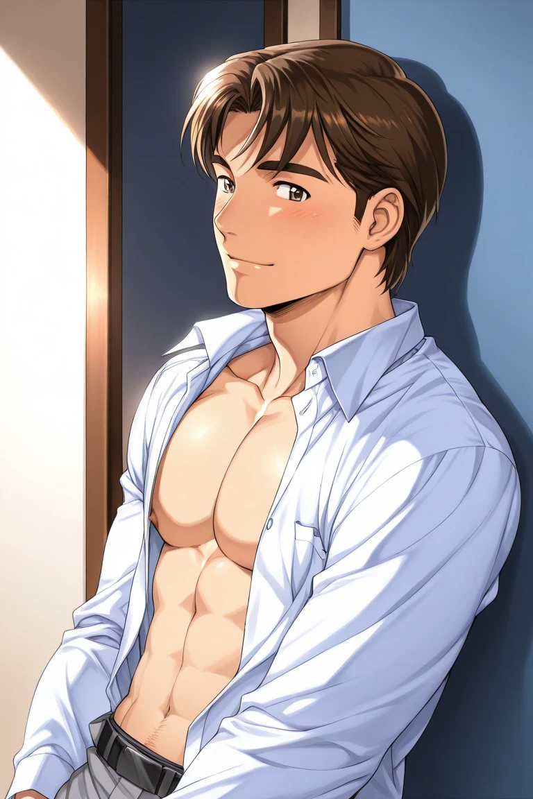 Anime man smiling shirtless taking off his boxers and you can see his pubic hair and a bit of his penis