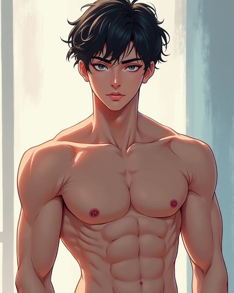 young boy, (wolf ear:1.5), chiseled abs, chiseled pecs, sweating, (12 yo), (covered human ear:1.5), shaggy hair, (human ear behind hair is hidden), pants bulge