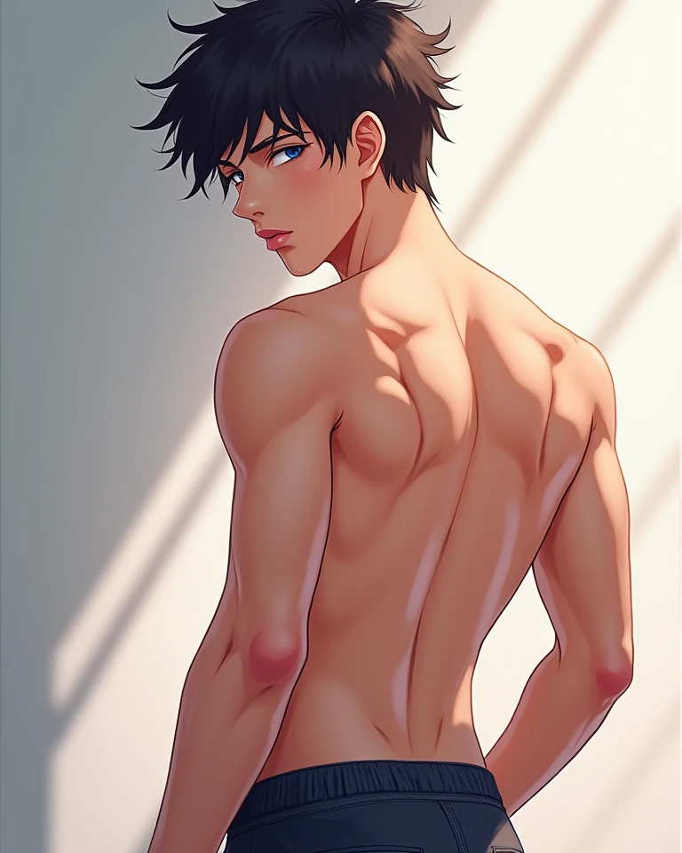 De pie sin camisa en lo alto de la escuela, Looking if the tanned skin of the back shirt is 14 years male copper skin to a nearby city is on the roof of the school has 14 years blue hair blue eyes male gender