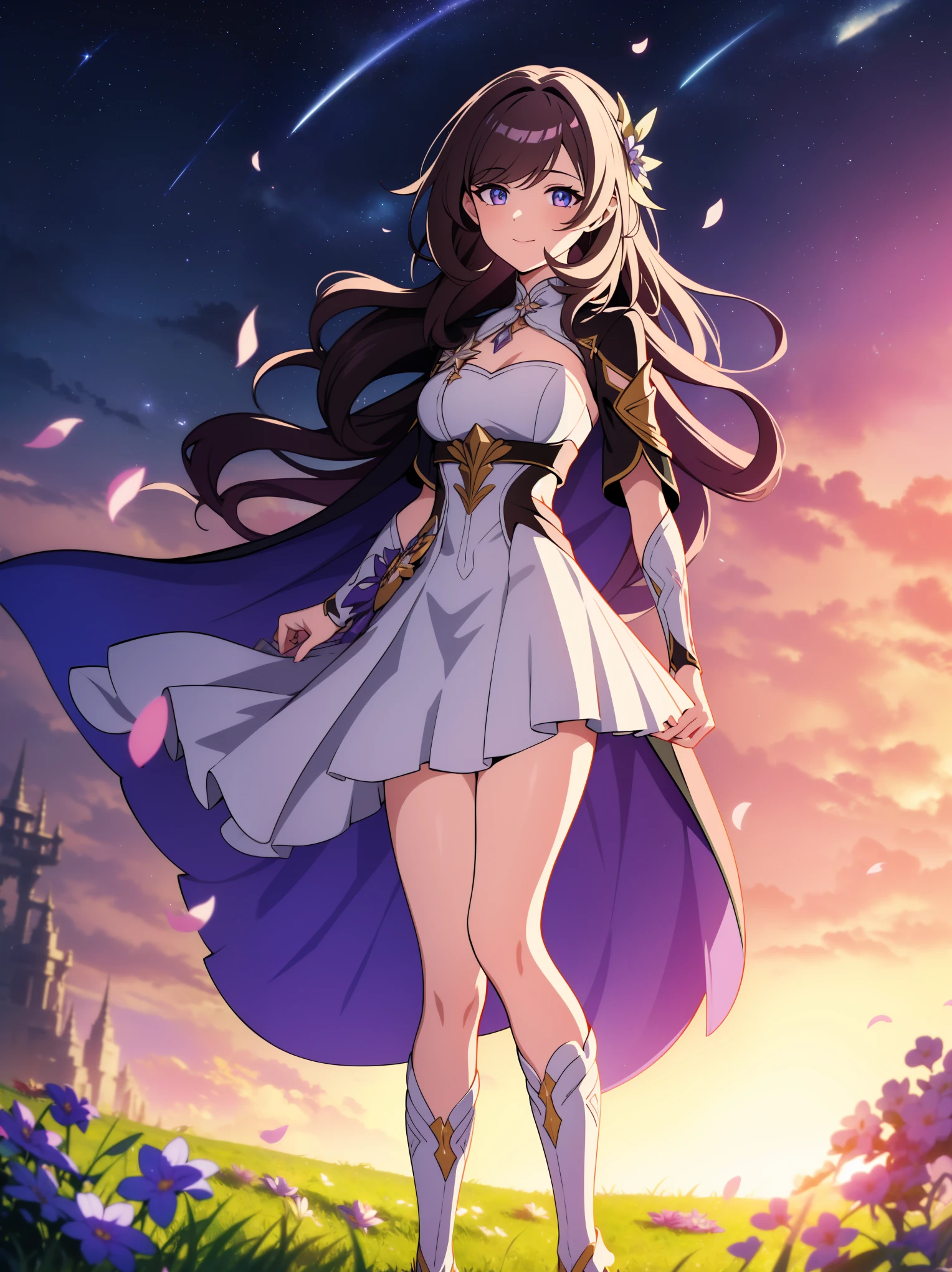 (high-quality, breathtaking),(expressive eyes, perfect face) portrait, 1girl, female, solo, young , black hair, pink eye color, medium hair length, soft wavy hair, gentle smile, loose hair, side bangs, looking at viewer, portrait, medium full shot, happy expression, ribbon in hair, flower in hair, fantasy clothing, elegant, mature, height 4"3, adventurer attire, warlock attire, warlock profession, short height, Dungeons & Dragons character, jacket, dress, cape, winged cape, Firefly Honkai Star Rail Character, starry sky, dawn in the distance, shooting stars, backgroound, flower field, scenary, cloudy sky, grass, trees, flower petals, leafs, blue flower, purple flower, white flower, field, standing in field of flowers