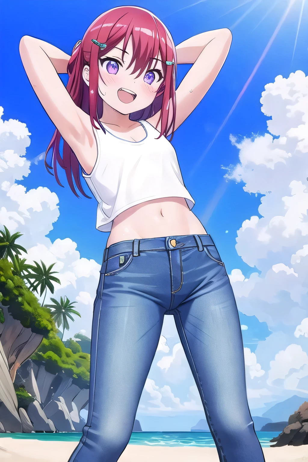 masterpiece, best quality, ultra detail, ((Perfect Face, perfect eyes, perfect hair, perfect arm)), 1girl, o, petite, ((round face, ecstasy, orgasm face, drooping eyes, shame smiling, blush)), dropping eyes, sleepy, Open mouth, ((White teeth)), background((under the beach, (day:1.2), ocean, bright sky)), kanzaki tomoyo, (purple eyes:1.2), (red hair:1.2), crossed bangs, hair between eyes, hair ornament, x hair ornament, (medium hair:1.4), (straight hair:1.7), ((arms behind head, hands behind head, fingers behind head)), ((contrapposto)), spread armpits, looking at viewer, (white tank top:1.4), (white crop top:1.4), (jeans pants:1.2, flares jeans:1.2, skinny jeans:1.2, blue jeans:1.2), standing, (legs spread:1.4), sex pose, Sweaty crotch, Steam from the crotch, from below, whole body