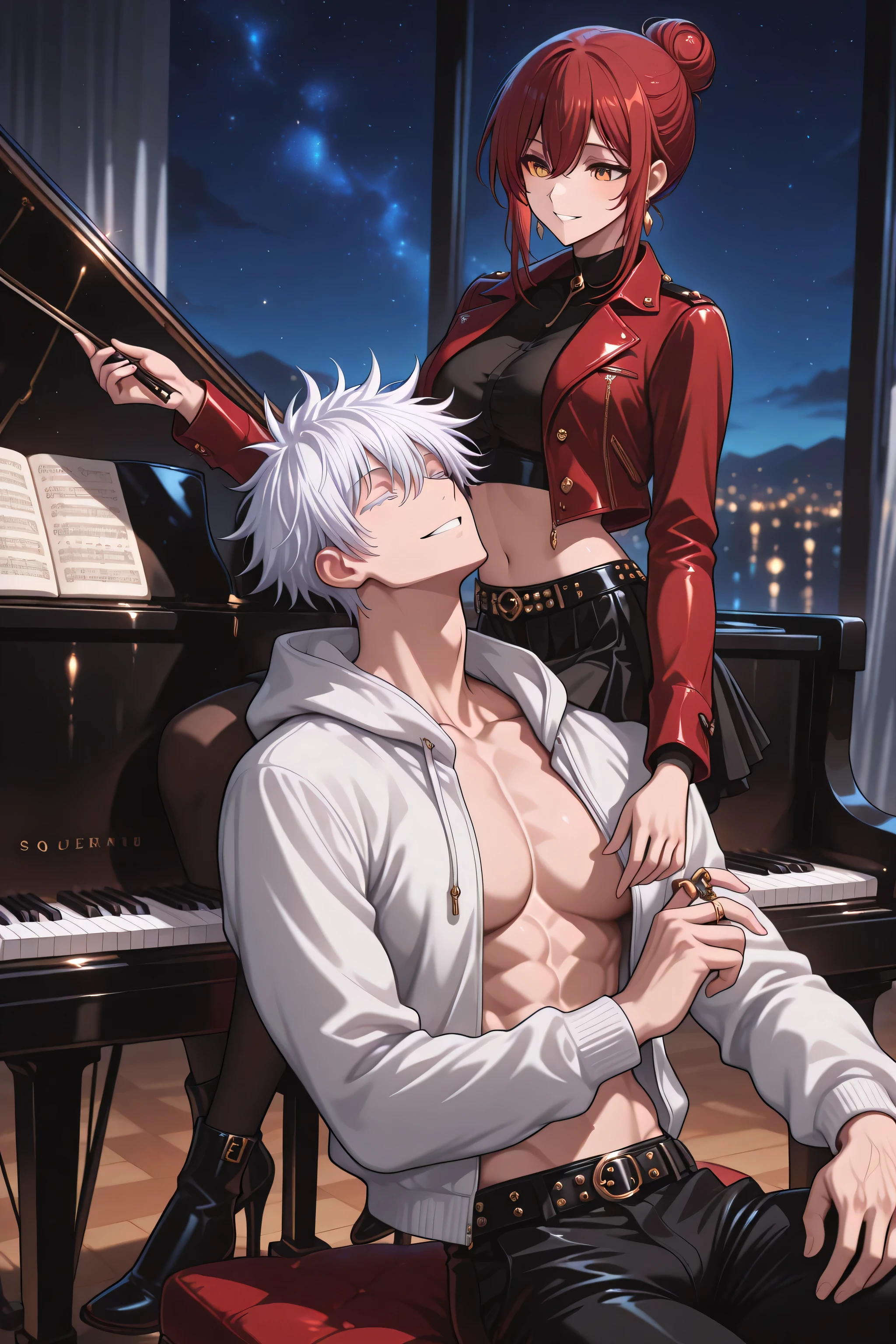 masterpiece), (highest quality), (very detailed), (the best shape), (best shadows), (absurd), (so beautiful), beautiful eyes in every detail, unusual, 8k, 32K, high resolution, very detailed e CG, score_9, score_8_high, score_7_high, Those_anime_series, cinematic, Break 1man, adult, solo, male focus, gojou satoru /(jujustu kaisen/), detailed eyes, blue eyes, white hair, short hair, detailed eyelashes, white eyelashes, muscular, trained body, sexy man, handsome, smile, toned chest, sexy man, handsome face, black pants, white hoodie, black shoes,  grand piano, sitting, playing grand piano,  closed eyes, parted lips, blue sky, night, room Break 1 girl , red hair , long hair , simple bun , side stripes , golden eyes , medium breasts , sexy, cute, handsome, , violin in hand, violin playing, rocking clothes, black crop top, red crop top jacket, rocking jacket, open jacket, black skirt, wide pleated skirt, studded belt, standing next to the grand piano, BREAK duo focus, couple, hetero,  (size difference , height difference) , romantic , dynamic ,playing music together, having fun
