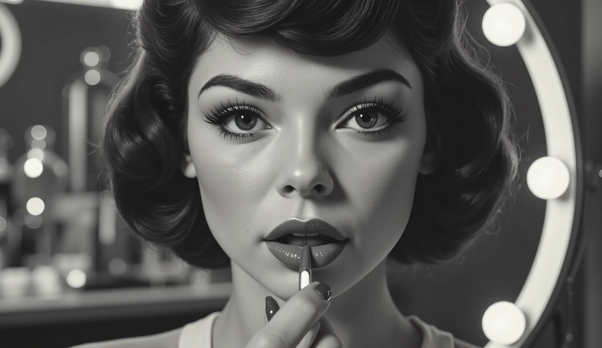 Close-up black and white shot of a woman fixing her lipstick in a round mirror, backstage dressing room, soft lamp light, retro perfume bottles on the vanity, deep film texture