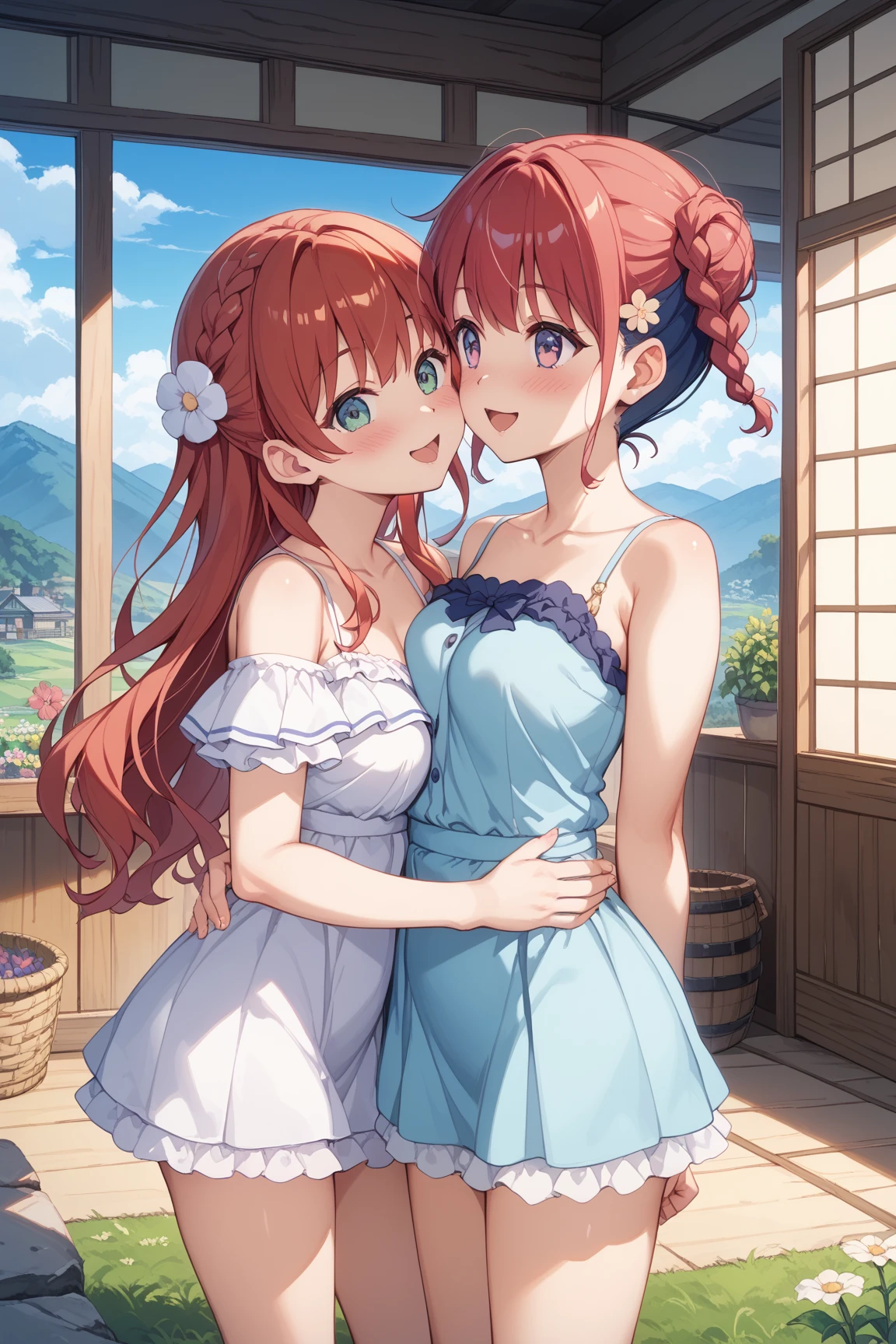 score_9, score_8_up, score_7_up,x-rated,nfsw, 2 girls, 2 different girls, kawaii, hearts, perfect cute face, perfect hands, perfect eyes, perfect feet, perfect anatomy girl, white tanned redhead, two braided, freckles, hourglass figure, medium breasts, wears tight nightgrowns and ankle-strap heels, slutty demeanor girl2: 23yo, latin tanned hazelnut-haired, messy Soft Twisted Updo hairstyle, slender figure, tiny breasts,, wear one-size-too-small skirt and crop top and cheap sandals, sexy demeanor girl2 is dry humping girl1 in an sexual way, (lesbian sex pose),lesbian, orgasm faces, looking at each other, ahegao faces, girl1 moarns orgasms,yuri style