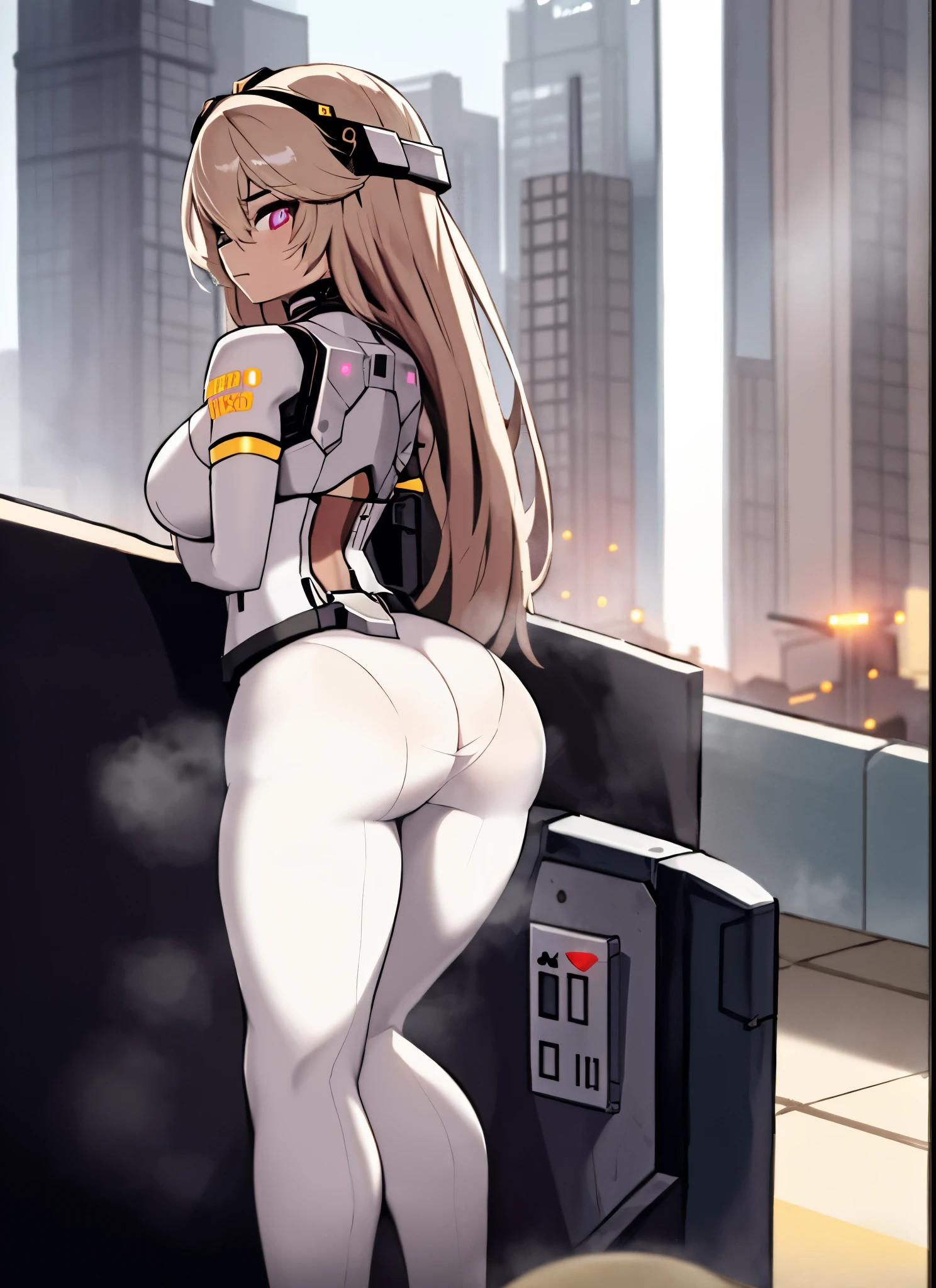 Dystopian, [sci-fi], High Detail RAW color Photo, Full Shot, rear angle, of (cute female arterial intelligence, wearing see-through white chemise), outdoors, standing, on overlook, looking out at sprawling cyberpunk city skyline), toned physique, large ass, (pale skin), perfect face, seductive look, (cybernetic implants:1.2), (augmentations), (cyborg:1.1), (detailed skin, diffused skin pores), silicone, metal, (highly detailed, fine details, intricate), (lens flare:0.5), (bloom:0.5), smog, dust, (badlands:0.8), (observitory:0.7), raytracing, specular lighting, shallow depth of field, photographed on a Sony Alpha 1, EF 85mm lens, f/2.8, hard focus, smooth, cinematic film still, [Cyberpunk:Orwelian:12]