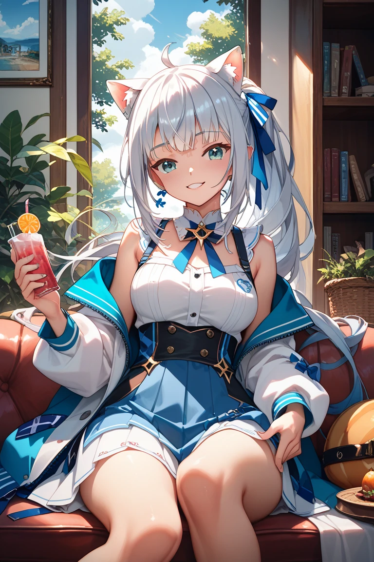 (white hair),(blue eyes),(Long hair and double ponytail),((black)),(bar drinks),sit on the chair,highest quality,8k,B cup,hairpin,Sailor suit,short skirt,(slight blush on cheeks),smirk,Fork the legs