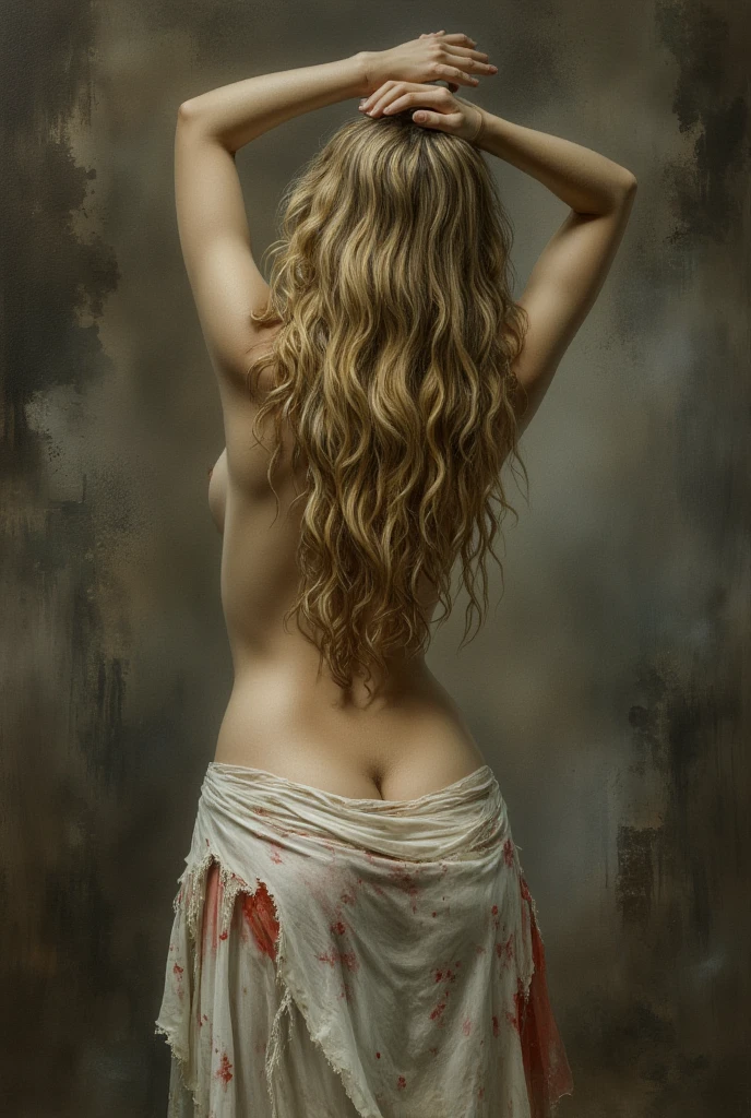 painting of a woman with long hair showing part of her ((naked ass)), standing, view from behind, digital art oil painting, digital expressive oil painting, digital oil painting, an expressive digital painting, digital oil painting, digitally painted, painted in high resolution, expressive digital painting, digital painting art, digital oil on canvas, digital art painting, sensual digital painting, painted artdigital, inspired by Jan Lievens