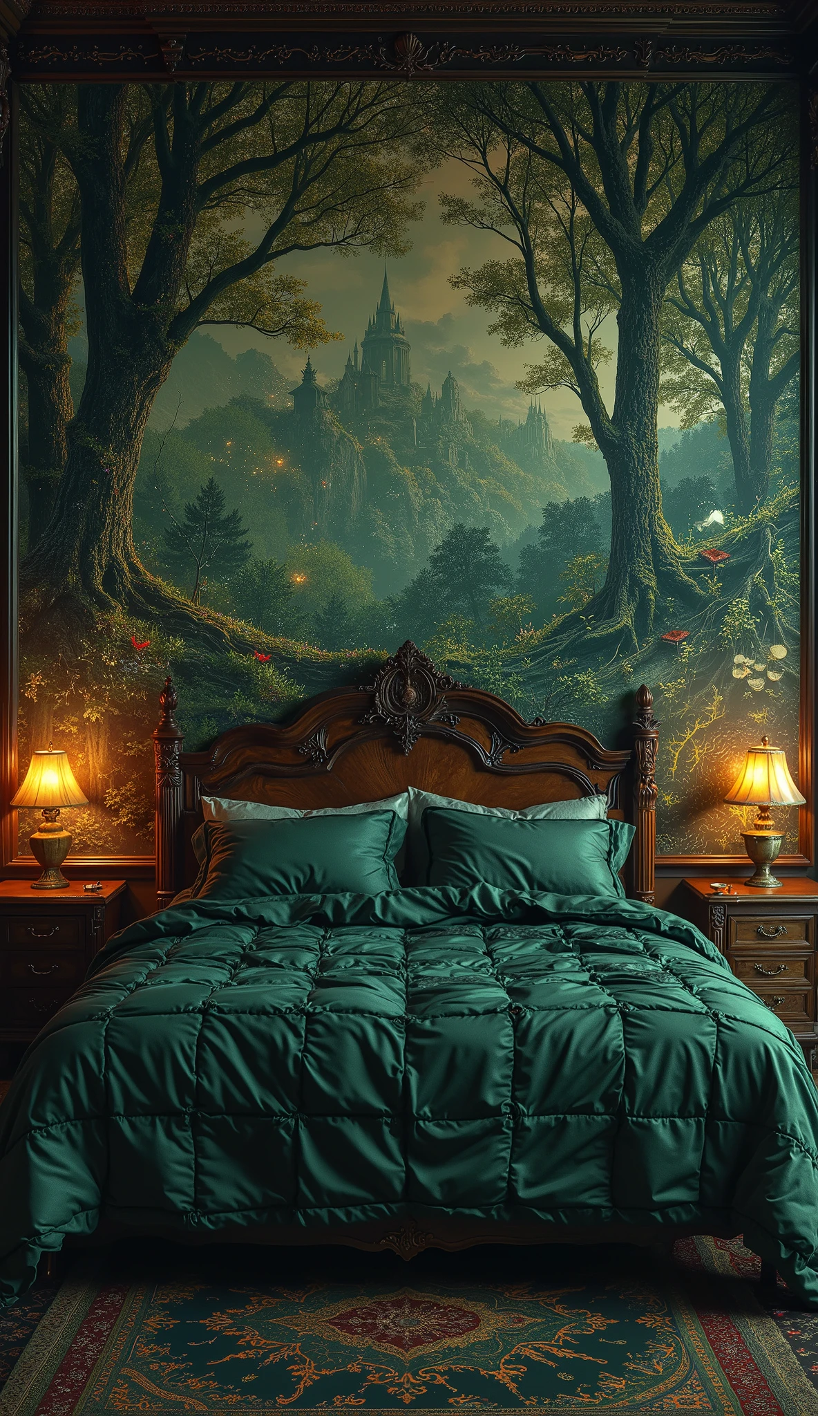 Create an artistic, detailed, and emotional image in the style of melancholic, dark romanticism. The image should show a surreal bedroom with a double bed and two bedside tables next to it. Everything is done in dark, grained, varnished wood and dark green. On the walls is an elaborate, heavy-weave wallpaper; a surreal image of a forest extends from the wallpaper to the ceiling. Small lamps emitting a warm light stand on the bedside tables. A heavy, dark green coverlet lies on the bed; the duvet is partially turned back; the bed linen underneath is velvety and soft.