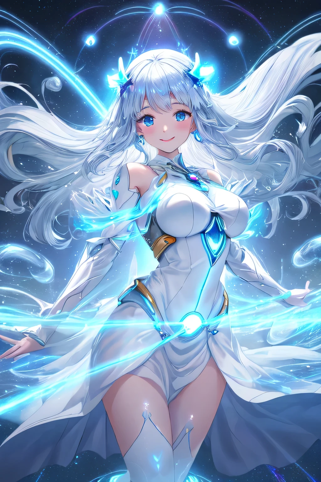 pov, looking at viewer, Futuristic priestess, ethereal glowing robes with flowing motion, semi-transparent fabric subtly rippling as if caught in a cosmic breeze, soft holographic accents glowing with energy, internal light diffusion, luminous neon highlights, glowing edges creating a fluid, organic shape, subtle dark accents, cybernetic lines on skin, gentle and inviting smile full of kindness, soft and warm eyes, centered cowboy shot with motion blur for dynamic effect, focus on the face with energy flowing from the priestess' hands or around her, sleek futuristic UI elements subtly moving, cosmic cityscape background with swirling lights and floating orbs, abstract starry sky with glowing particles, elegant futuristic architecture with light beams cutting through space, soft volumetric lighting with dynamic shadows, a sense of energy and movement throughout the composition, (ultra detailed, high resolution, 8k)