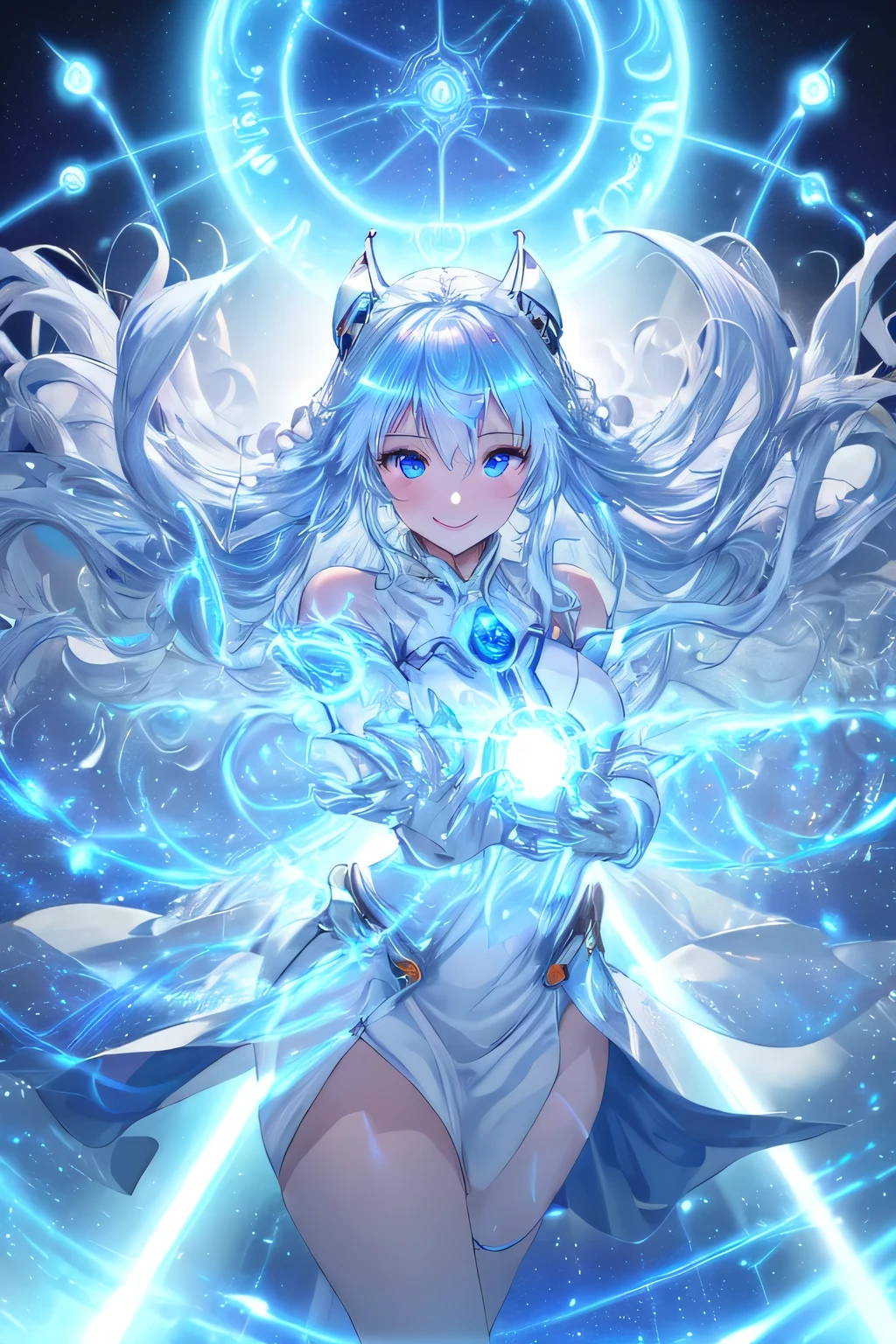 pov, looking at viewer, Futuristic priestess, ethereal glowing robes with flowing motion, semi-transparent fabric subtly rippling as if caught in a cosmic breeze, soft holographic accents glowing with energy, internal light diffusion, luminous neon highlights, glowing edges creating a fluid, organic shape, subtle dark accents, cybernetic lines on skin, bright and energetic smile full of excitement, eyes sparkling with intensity and determination, centered cowboy shot with motion blur for dynamic effect, focus on the face with energy flowing from the priestess' hands or around her, sleek futuristic UI elements subtly moving, cosmic cityscape background with swirling lights and floating orbs, abstract starry sky with glowing particles, elegant futuristic architecture with light beams cutting through space, soft volumetric lighting with dynamic shadows, high detail, high resolution, a sense of energy and movement throughout the composition, dynamic expression exuding vitality, (ultra detailed, high resolution, 8k)