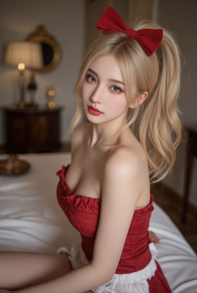 red dress, maid headdress, Platinum blonde fine hair、silky straight hair、Big eyes with bangs and eyeliner、Nordic youth、perfect body figure、A plump chest、Chopping、Very beautiful and lovely、White muscle、Skin glows、Young and beautiful skin、Perfect and beautiful little face、Shiny makeup、Thin pink lip gloss expression、girl、lipsticks、Deceptive advertising、{steams}、Audience point of view、Primetime Lightokeh Atmosphere Perspective、Detailed film light、Complicated details、A high resolution、 Detailed features of the facial design、high detal、Clear focus、Smoothness、aesthetics、print、Octane renderer、{{tmasterpiece}}
