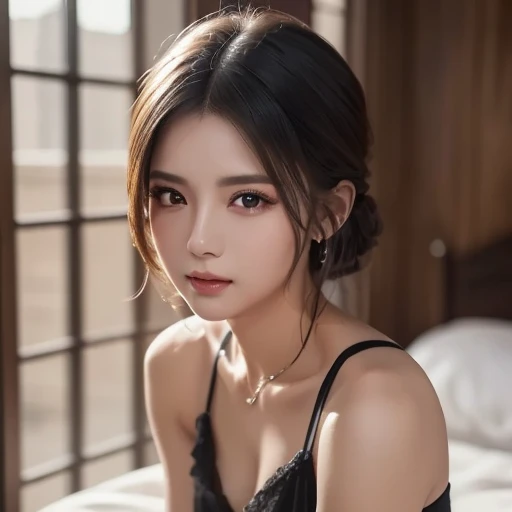 Sexy woman, black hair tied in a bun, smokey eyes, eyeliner, blushing intensely, fairest skin, plump face, soft lips, gold blouse, pinned against a wall, medium breasts, bare cleavage 