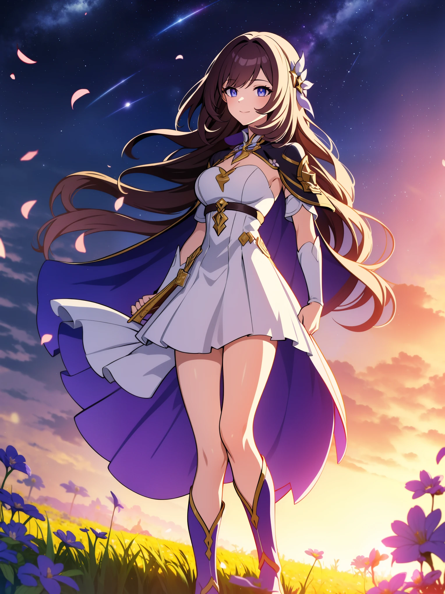 (high-quality, breathtaking),(expressive eyes, perfect face) portrait, 1girl, female, solo, young , black hair, pink eye color, medium hair length, soft wavy hair, gentle smile, loose hair, side bangs, looking at viewer, portrait, medium full shot, happy expression, ribbon in hair, flower in hair, fantasy clothing, elegant, mature, height 4"3, adventurer attire, warlock attire, warlock profession, short height, Dungeons & Dragons character, jacket, dress, cape, winged cape, Firefly Honkai Star Rail Character, starry sky, dawn in the distance, shooting stars, backgroound, flower field, scenary, cloudy sky, grass, trees, flower petals, leafs, blue flower, purple flower, white flower, field, standing in field of flowers