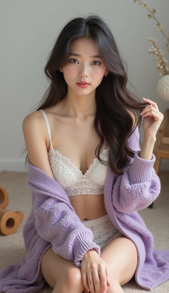 A stunning photograph of a 20-year-old slim woman with an extremely attractive physique. She has blue eyes, beautiful dark long hair, and adorable dimples. Her makeup and jewelry are exquisite and alluring. She is wearing a soft pink jacket and is standing in a beautiful lit-up city at night with charming surroundings. Her expression is captivating and seductive, making for an unforgettable image