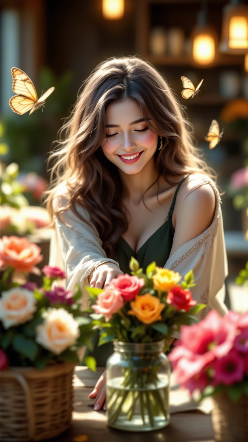 Beautiful caucasian woman, top bun medium brown hair, green eyes, wearing brown biker leather jacket, white formal button down blouse, happy smile with braces, wide leg denim pants, lying on hammock, high hills sandals, sunny day, bouquet of flowers on arms