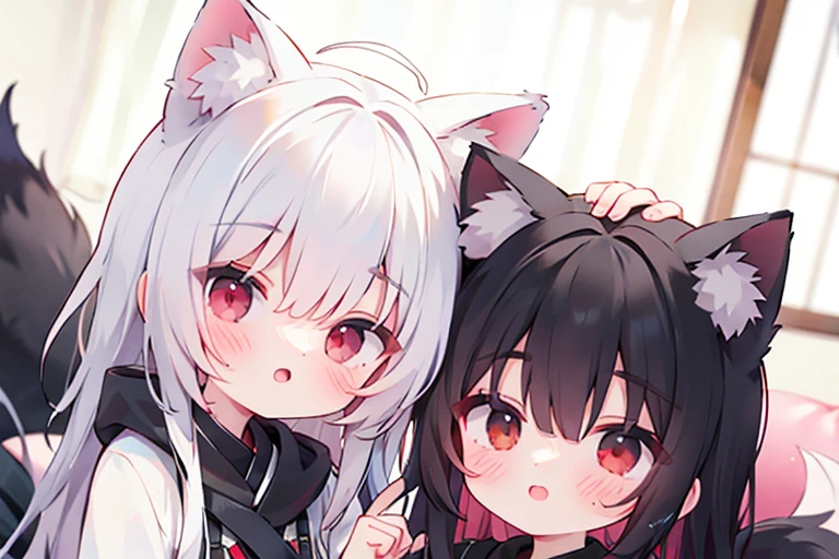 black cat，hairy，furry，Colorful Patterned White Sweatshirt，Black casual pants with white stripes，Q version，cute，Simple art style，Cartoon style，There is little love in the eyes，black pupils，White hair on paws，Black hair on ears, white hair on ear tips，black hair on back，Black tail with white tip，side，dislike，qwq face，sad，Colorful graffiti background, the pupils of the eyes are kinda broken just fix these
