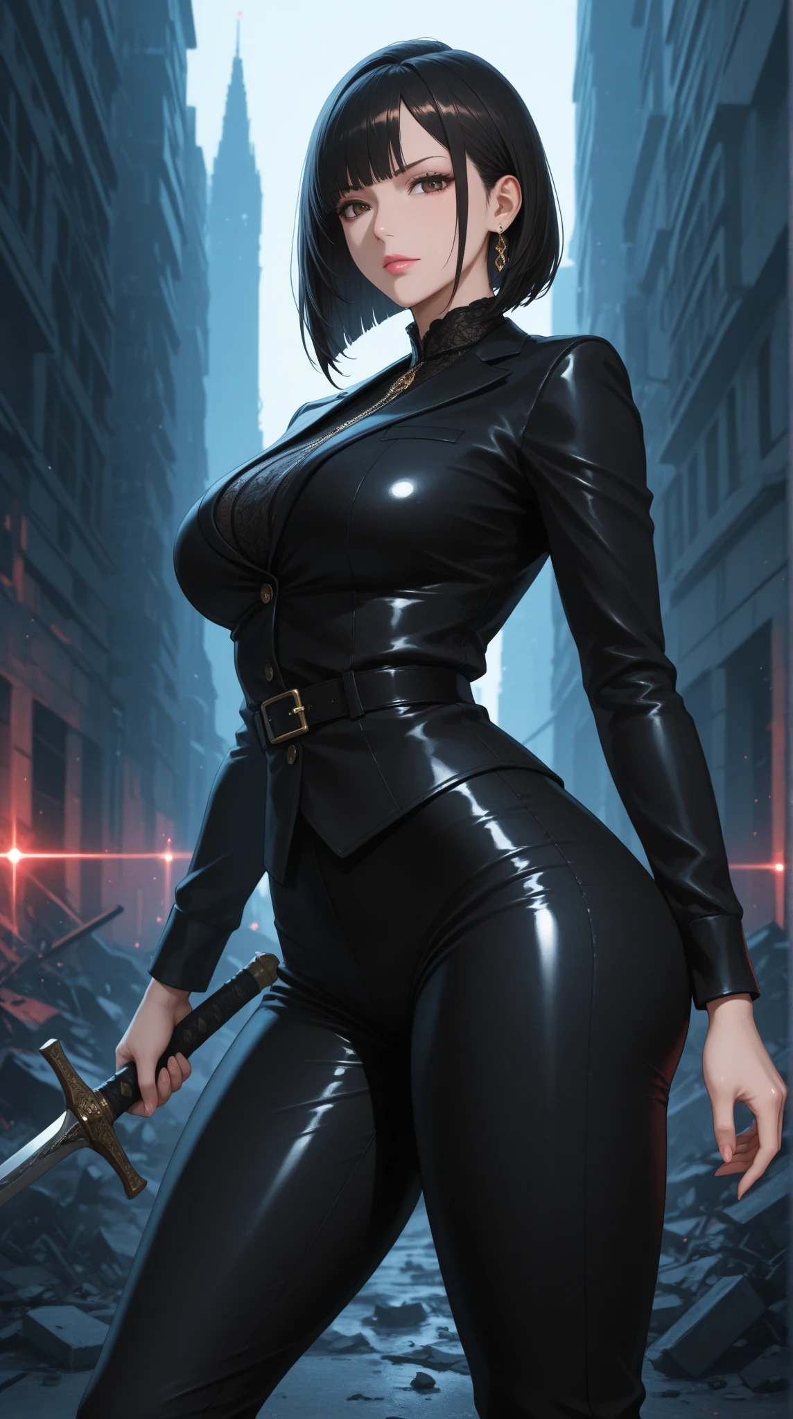 ((The baroness from G.I.joe animated series)) ((beautiful face)) (red lips) (glasses) ((very long black hairstyle)) ((very huge breasts) (perfect slim body) ((wears leather black body suit and pants, gloves, and long boots)) ((choker, belt, cobra logo)) ((posing sexy inside military base))((hold handgun pistol on hand)) (high definition, dynamic lights and shadows) ((masterpiece)) (8k) (perfect face) (best quality) (perfect hands)