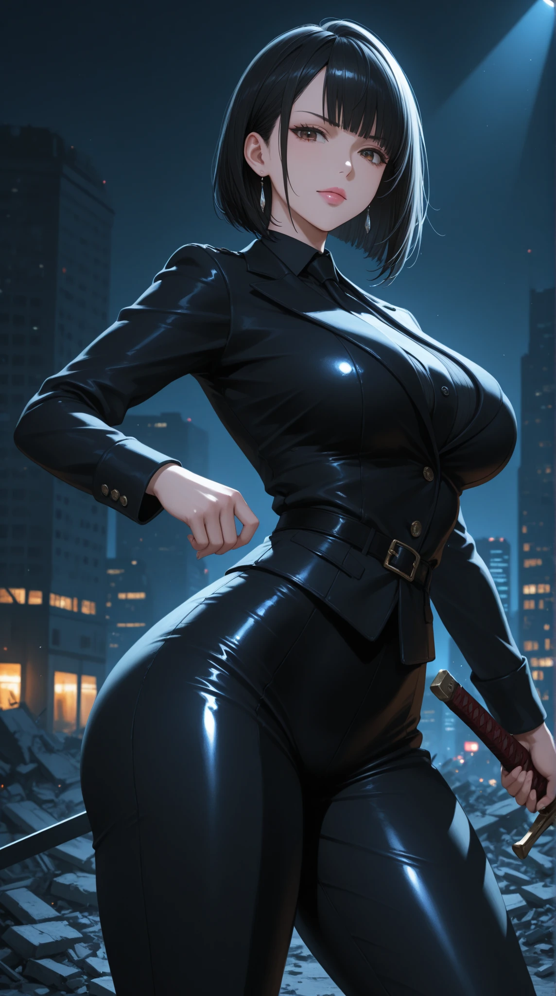 [black hair, asymmetrical hair, blunt bangs, bob cut, cowboy shot, UHD, retina, masterpiece, accurate, anatomically correct, textured skin, super detail, high details, high quality, award winning, best quality, high-res, 1080P, HD, 4K, 8k, 16k], shirt ponytail, black hair, (red eyes), ear pierce, perfect lips, confident smile, cute expression, cute face, black jacket, alert pose, ultra detailed face, long eyelashes, sharp eyes, full body shot, dynamic viewer, night sky, dynamic point of view, differential point of view, huge breasts,(silver pendant in cleavage), curvy body, narrow waist,