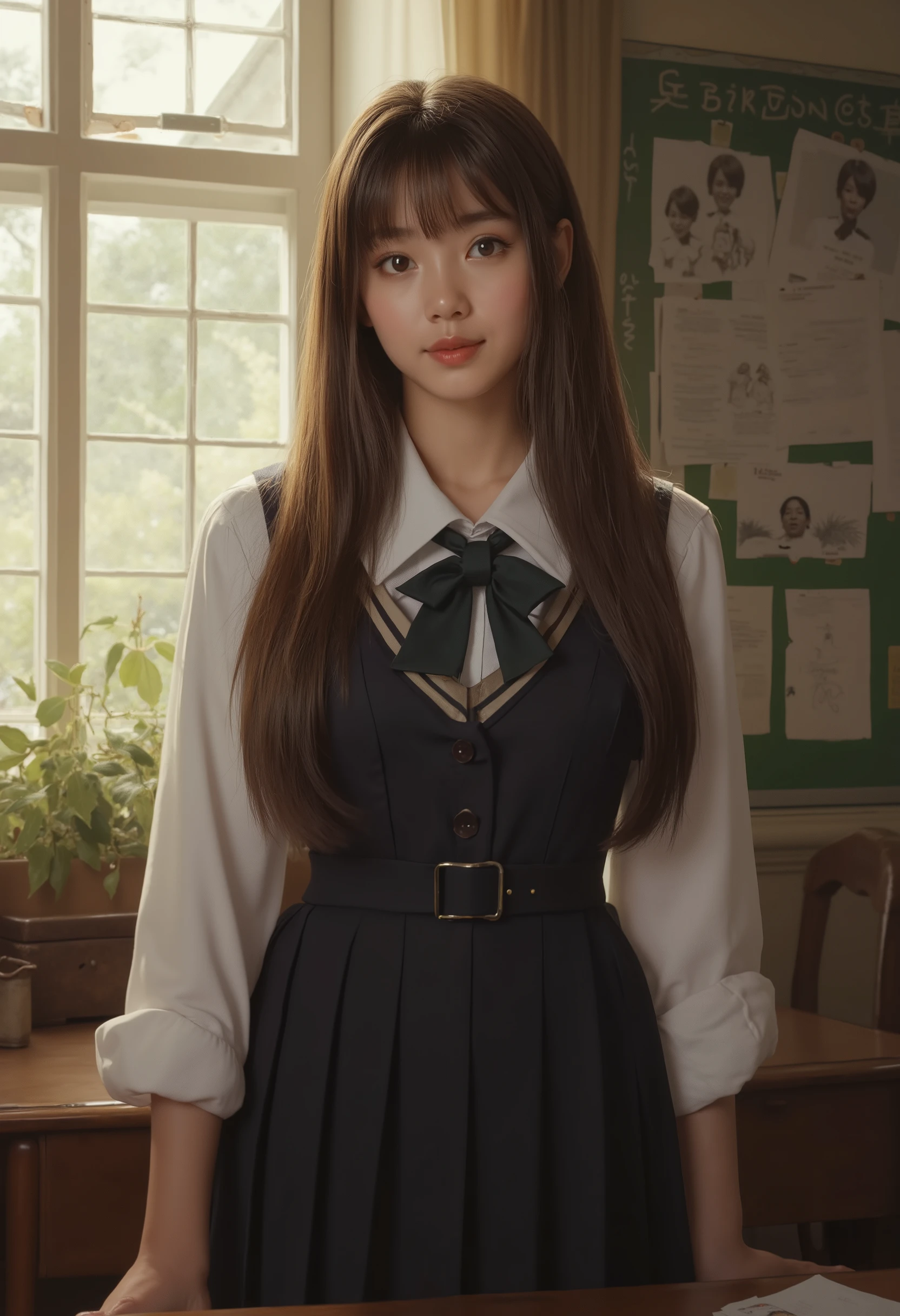 (masterpiece, Highest_quality:1.2), 1girl, Alone, cute, huge_chest:1.4, schools_girl_Costume:1.5, detail eyes, detailed lips, Long Lashes, beautiful, elegant, gentle expression, complicated details, photorealistic, studio lighting, bright colors, realistic, warm lighting on both sides of the frame, like the movie, detailed background, class_room:1.3