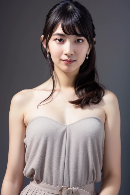 ((Highest quality、8k、masterpiece:1.3))、Realistic, Sharp focus, High resolution, High resolution,Portraiture, One person、Japanese、woman, beautiful woman, (((V-neck sleeveless casual dress)))、30 years old, Attractive person, Medium Long Hair,smile