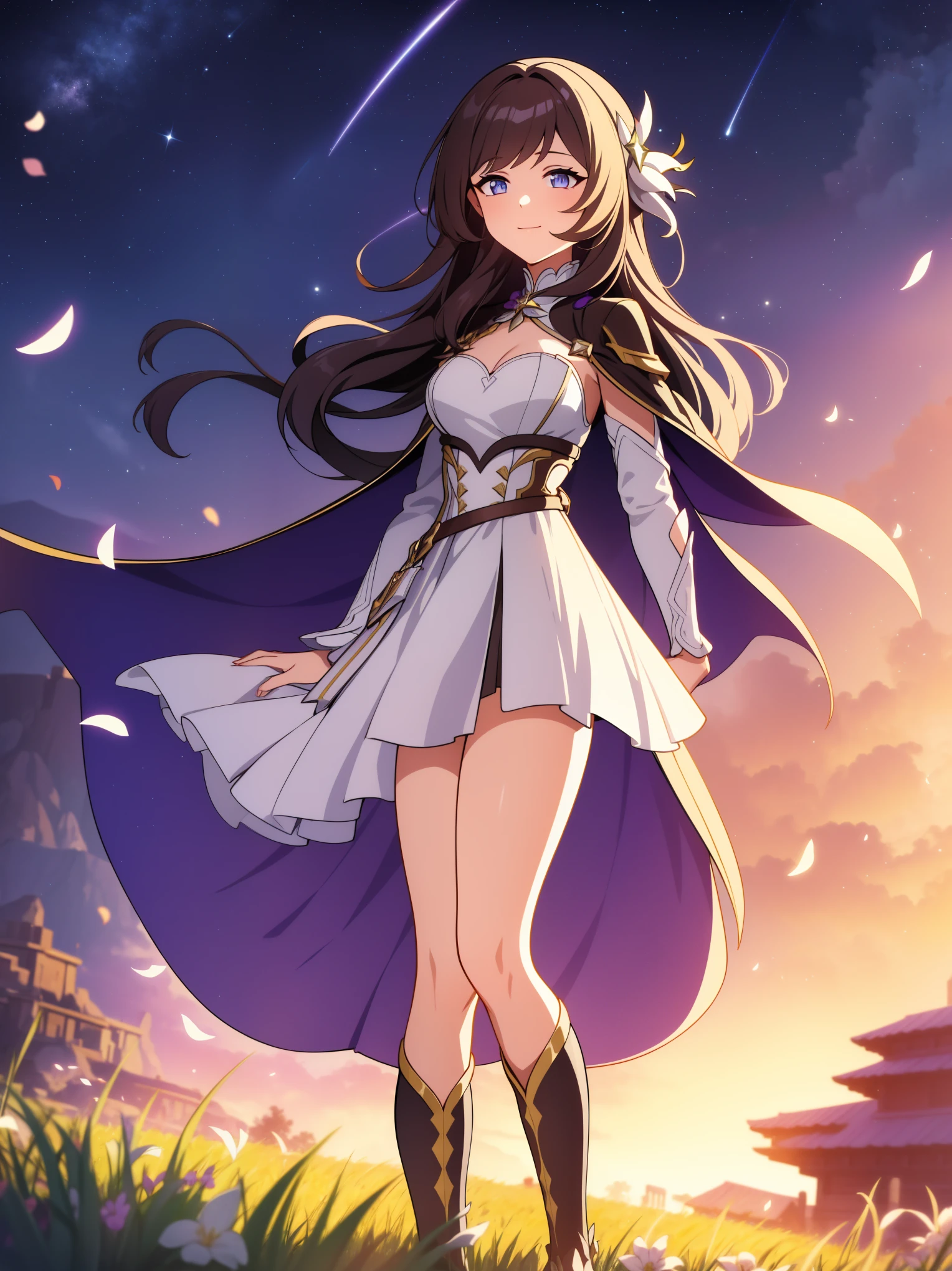 (high-quality, breathtaking),(expressive eyes, perfect face) portrait, 1girl, female, solo, young , black hair, pink eye color, medium hair length, soft wavy hair, gentle smile, loose hair, side bangs, looking at viewer, portrait, medium full shot, happy expression, ribbon in hair, flower in hair, fantasy clothing, elegant, mature, height 4"3, adventurer attire, warlock attire, warlock profession, short height, Dungeons & Dragons character, jacket, dress, cape, winged cape, Firefly Honkai Star Rail Character, starry sky, dawn in the distance, shooting stars, backgroound, flower field, scenary, cloudy sky, grass, trees, flower petals, leafs, blue flower, purple flower, white flower, field, standing in field of flowers