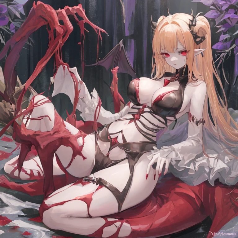 ((Best masterpiece, Perfect quality, Ultra detailed)), A skinny girl, With small bust, With white hair, Is parasitic, Wearing black bra, Wearing black panty, Naked limbs, Injured body, Bloody wounds, Mutated limbs, Parasites, Grotesque, Full body