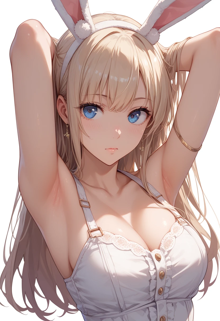 Score_9, Score_8_up, Score_7_up, 1, woman, long straight hair with curly ends, light brown hair, split bangs, gray eyes, large breasts, expressionless, white chemise dress V-neck squinting eyes, mouth closed, standing, arms crossed, side view, thighs, bottom view, upper body, masterpiece, best quality, white background, long parted bangs, long ears, character design, full sheet, bruja