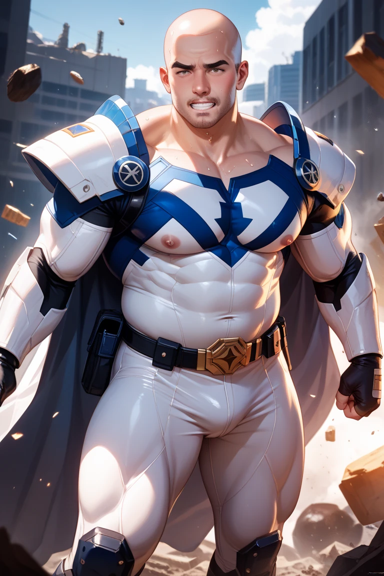 a photorealistic image of a muscular Japanese handsome man from the future wearing transparent skintight turquoise and white space uniform including a decorative jockstrap, dynamic pose