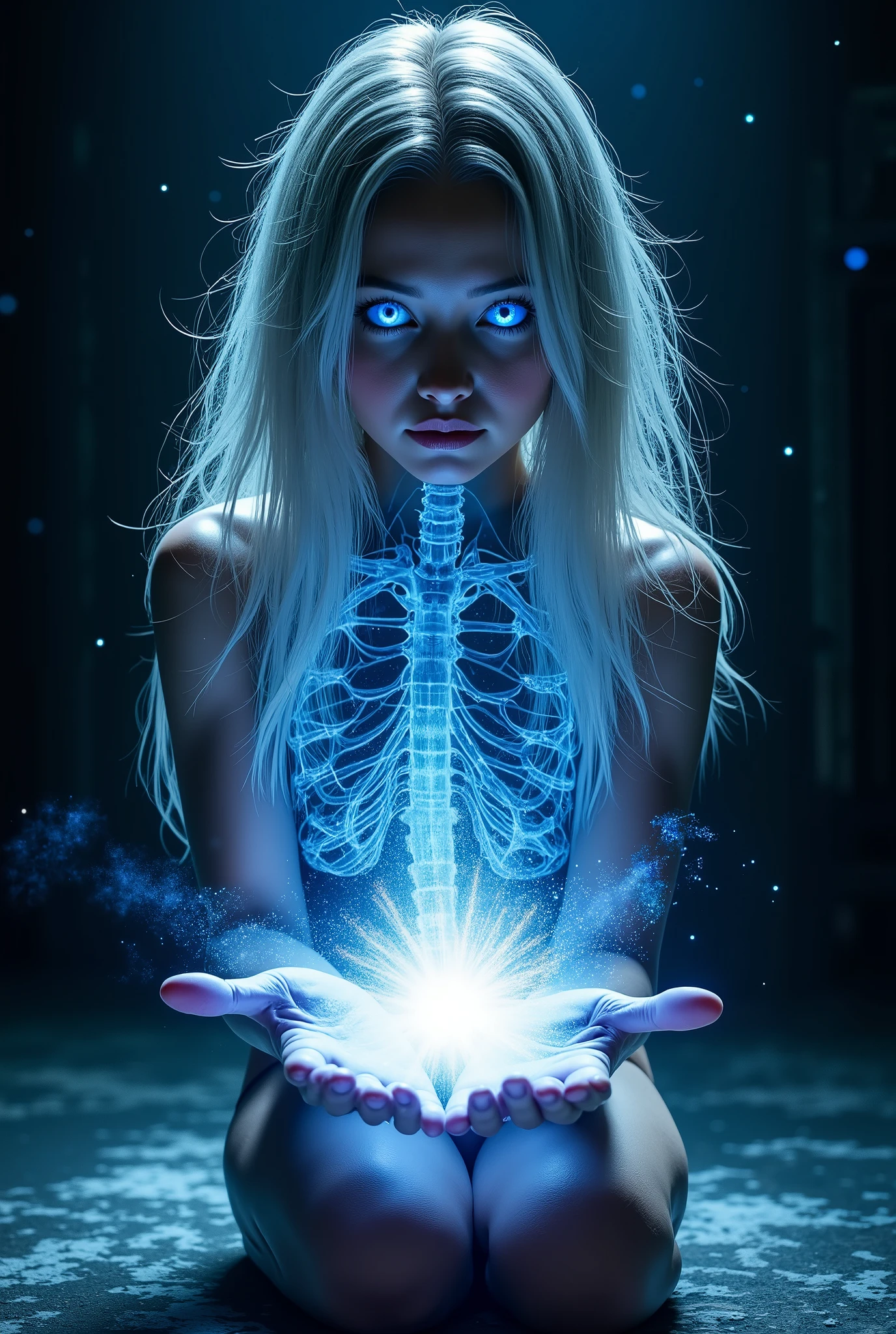 High Quality Photos, beautiful women, Eyes glow blue, Silver Hair, X-ray image of the torso part, full body image, A supernova explosion occurs in the palm of your hand, kneeling, dark room