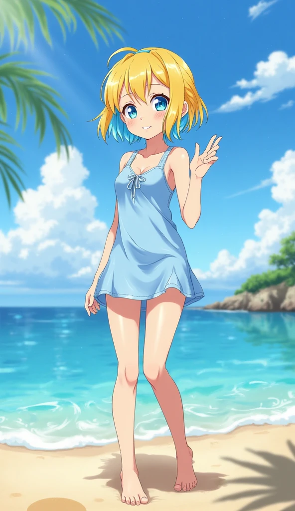girl、solo、、swimsuit one piece、seductive pose、smile、beach、Playing with the waves on the beach、