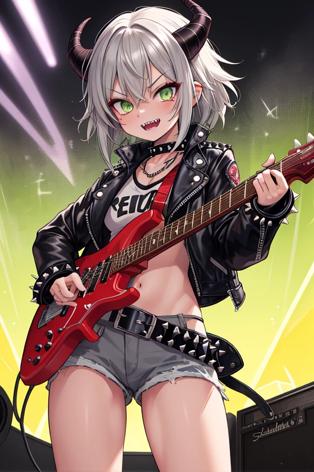 4k, HD, better quality, work of art, punk girl, jean shorts, punk black cropped T-shirt, black fishnet pantyhose, Messy hair, loose hair, white hair, red eyes, she is holding a guitar, next image, she is out in the open, blue sky, white hair