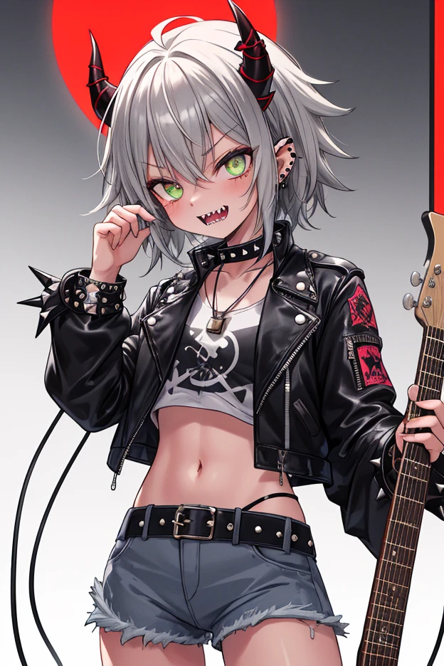 solo, female, medium shot, sfw, short messy white hair, silver eyes, tight torn black jeans, leather collar, leather jacket, bare midriff, metal fangs, piercing, small breats, fun pose, metallic nails