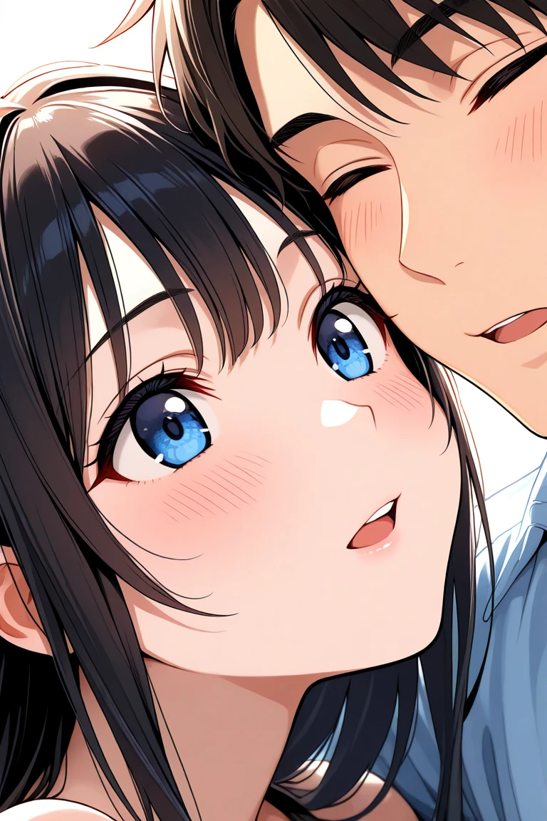 ((Masterpiece)),((Draw in beautiful detail)),1Girl,Mizushima Morning,Blue Eyes,Black Hair,Big Breasts,(Surprised expression),blush,Open your mouth,sit,Blowjob,Putting a short penis in your mouth,front,Full nudity,bedroom