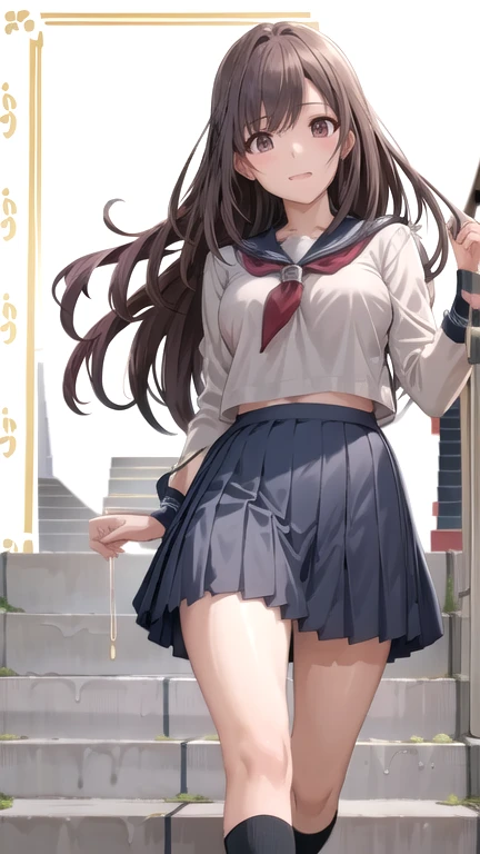((Tabletop, Highest quality, High resolution, , Pixel Perfect, 4K,))), 2 women, 、The whole body is visible、 ((Long Wavy Hair, bangs, Brown Hair)), ((Brown eyes, Beautiful eyelashes, Realistic eyes)), ((Detailed face, blush:1.2)), ((Smooth texture:0.75, Realistic texture:0.65, Realistic:1.1, Anime CG style)), Big Breasts, Dynamic Angle, Perfect body, (( , , Schoolgirl uniform、、White shirt、Pleated skirt、 、Floral lace panties 、)), On the way up the stairs、Big staircase in the city、、、Very embarrassing panic smile, 、、The gesture of holding the skirt with your hand、、、、、、 、Angle from below)、
