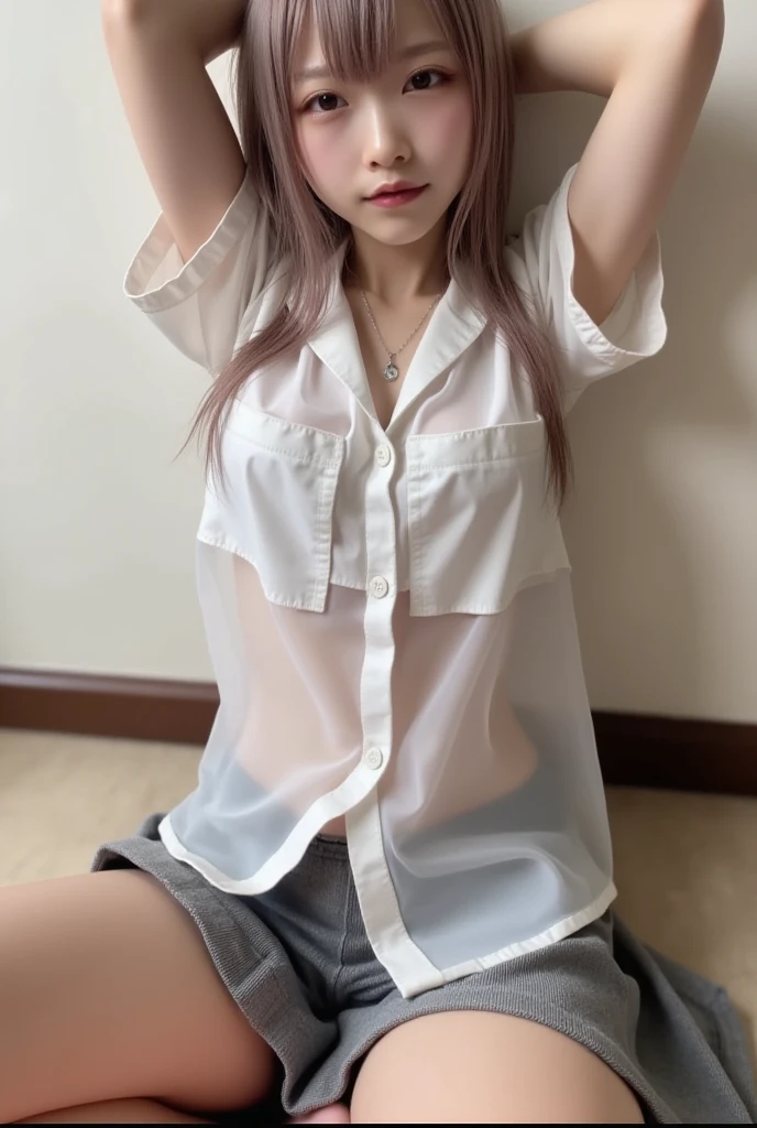 Masterpiece、highest quality、Woman 1、Super detailed、A woman looking up from directly below Black Hair、Long Hair、Blunt bangs wet hair Wet shirt、over size white shirt、Long shirt shirt lift、Lift the shirt、Swimsuit under shirt Soft thighs ceiling