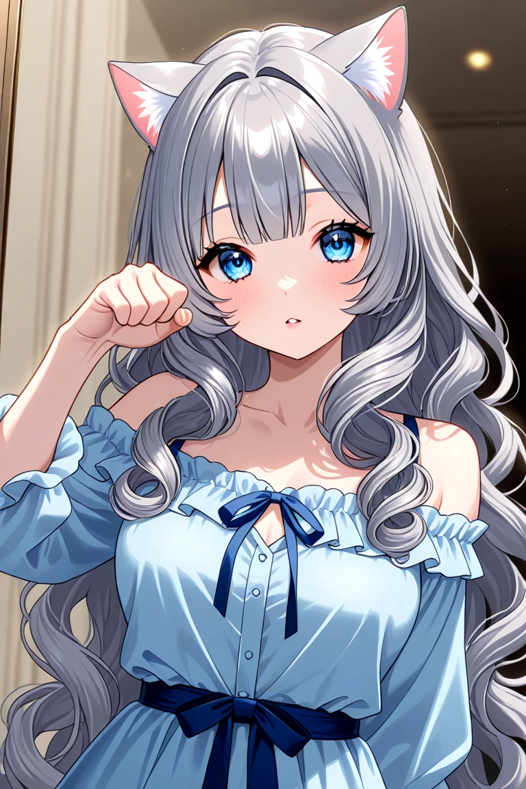 Eira, One girl, alone, Long Hair, blush, smile, blue eyes, Animal ears, Purple eyes, Grey Hair, lovely、Small breasts、Closed Mouth、Beautiful thighs、nice waist、 8k wallpaper, Closed Mouth、smile、Beautiful breasts、 Highly detailed face, Perfect lighting, Extremely detailed CG、Cowboy Shot、Leaning forward、