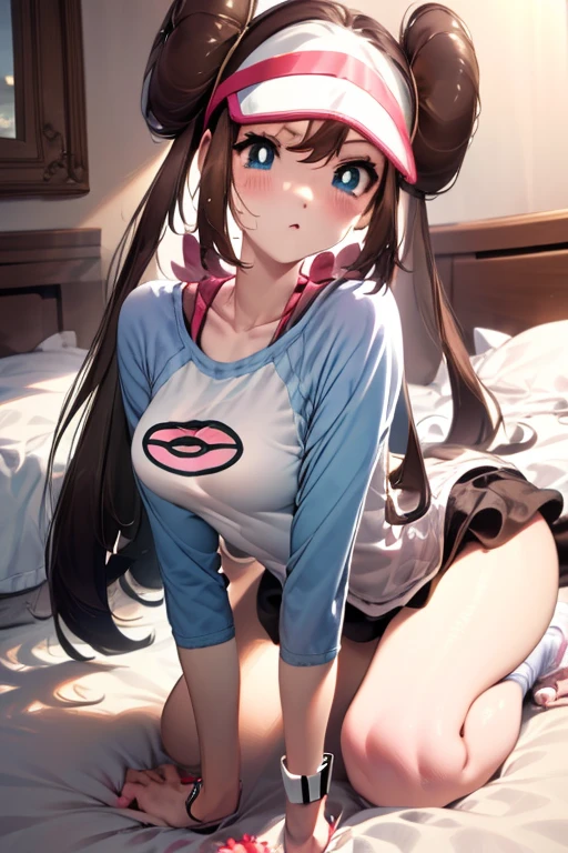 bedrom, bed, perfect eyes:1.2, detailed eyes:1.4, blushing, ro1, long hair:1.2, hair bun, open clothes, open cardigan, off shoulder, long hair:1.4, shy, panty, sexy, sitting, sitting on bed, bra, navel, visor cap, lingerie, underwear, indoors, cleavage, blue eyes, twintails, cowboy shot, 1girl, solo, (masterpiece:1.6, best quality), 8k, insane details, intricate details, hyperdetailed, hyper quality, high detail, ultra detailed, professional, HDR, ray tracing reflection, cinematic lighting,