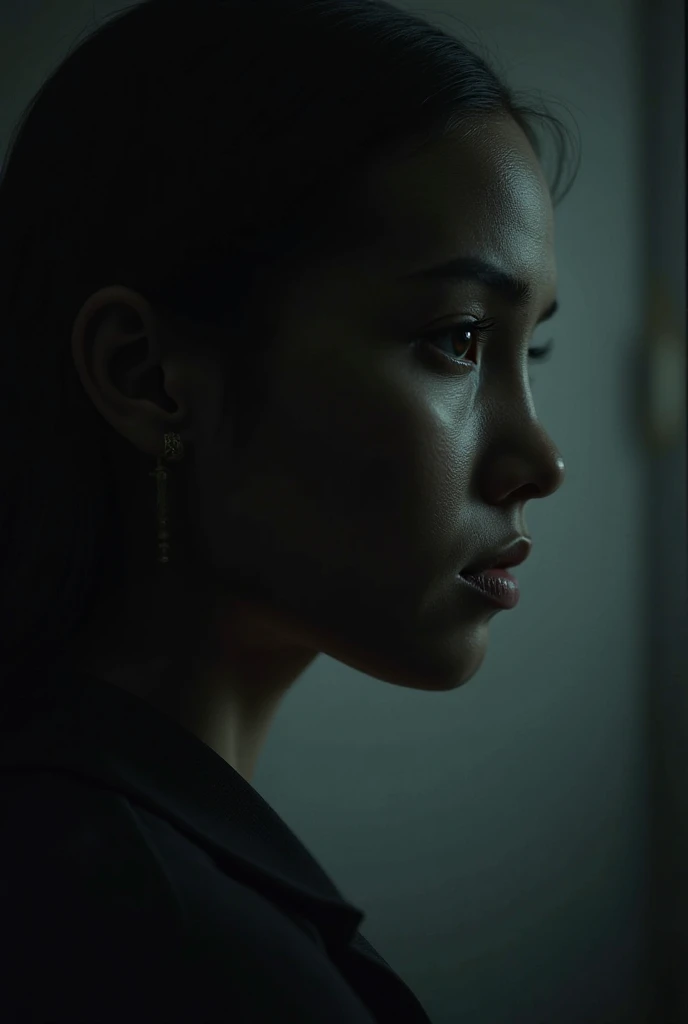 A 35-year-old Japanese woman wearing a sleeveless shirt, Looking forward in a dark room at night.
