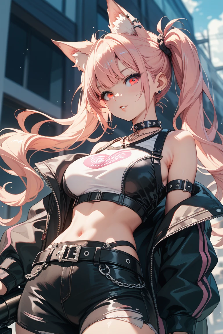 big lips, pink hair, pink eyes, japanese face, gyaru, huge breasts, wide hips, sexy, pink theme, kawaii, detailed,  decora, bangs, grin, gyaru outfit, kawaii,  pink and black outfit,, horns, cute succubus, small succubus wings, winking, eye wink, , twin tails,  winky face, , nicole demara, cityscpe, city scape, city background, nicole zzz, zenless zone zero, from below, perfect angle, HD quality, 8k