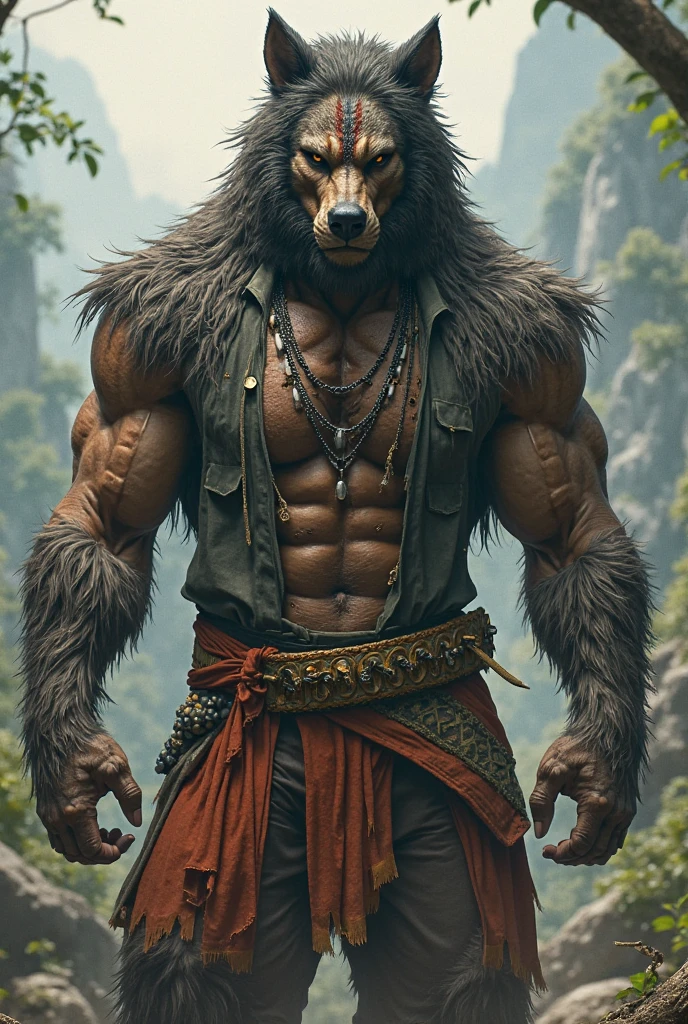 A masculine, Bulky Male, in a snowy Climate, long And Tangled hair, red eyes, Wears animal Hides only, Primal Setting, Jungle ruins Back ground, HD, Ultra Scenery, Vivid lighting.