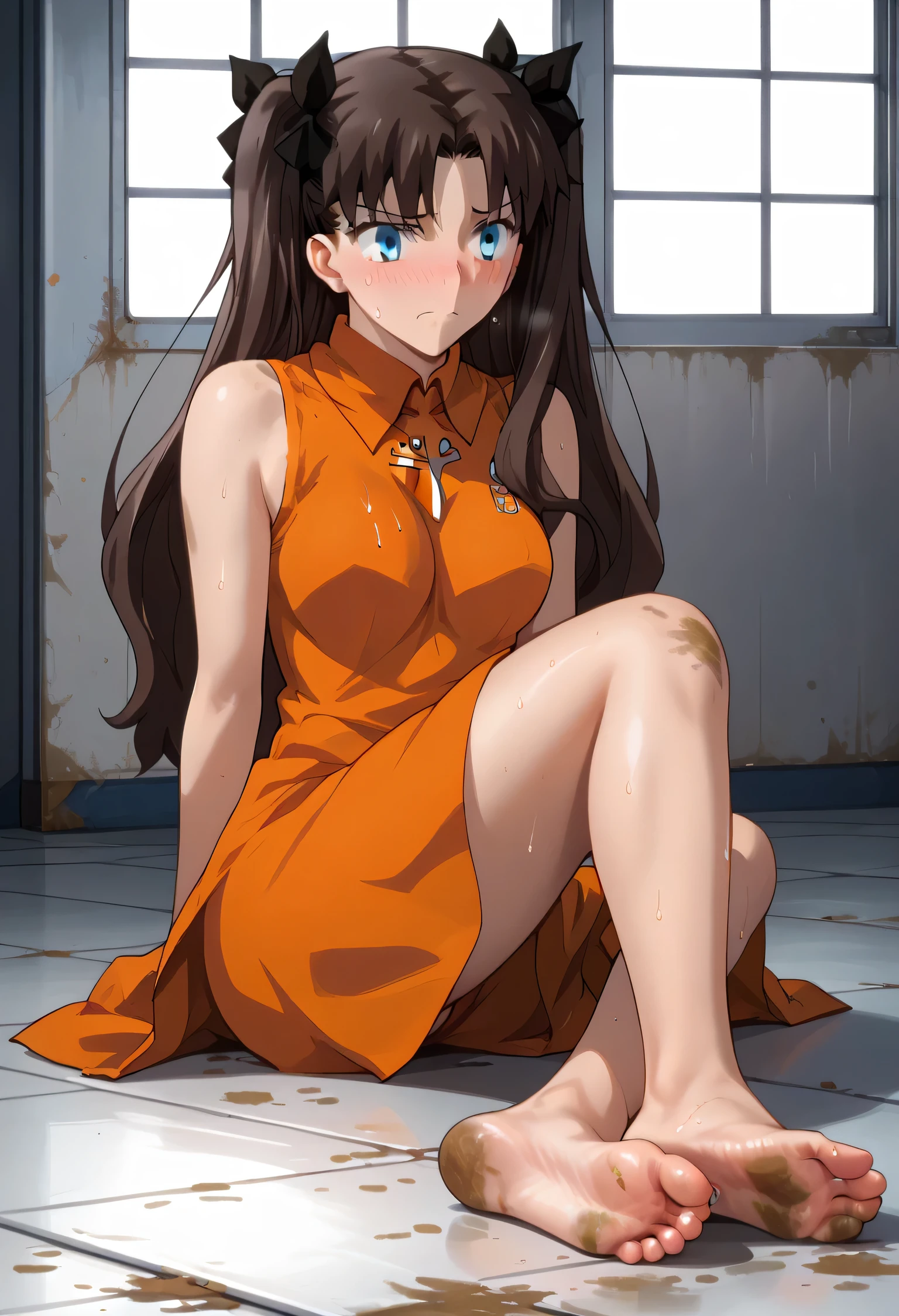 rin tohsaka, fate stay night, a girl, white skin, dark brown hair, (hair loose, disheveled and messy), blue eyes, large breasts, beautiful body, (((wearing a short sleeveless orange dress of a maximum security prison inmate with an inscription on the chest that mentions: inmate R7066))), (((maximum security female prison for violent and dangerous inmates))), ((recreation yard of the maximum security prison fenced with large walls with electric barbed wires and watchtowers in a dirty condition and with an unpaved floor)), (((sitting on the floor facing forward with her legs stretched forward, raised and separated focusing on her feet and the soles and toes))), (full body), (Barefoot), (Embarrassed mood), sunny day, heat, (Dim light), (((Dirty))), ((sweating)), (Gloomy and depressing place)