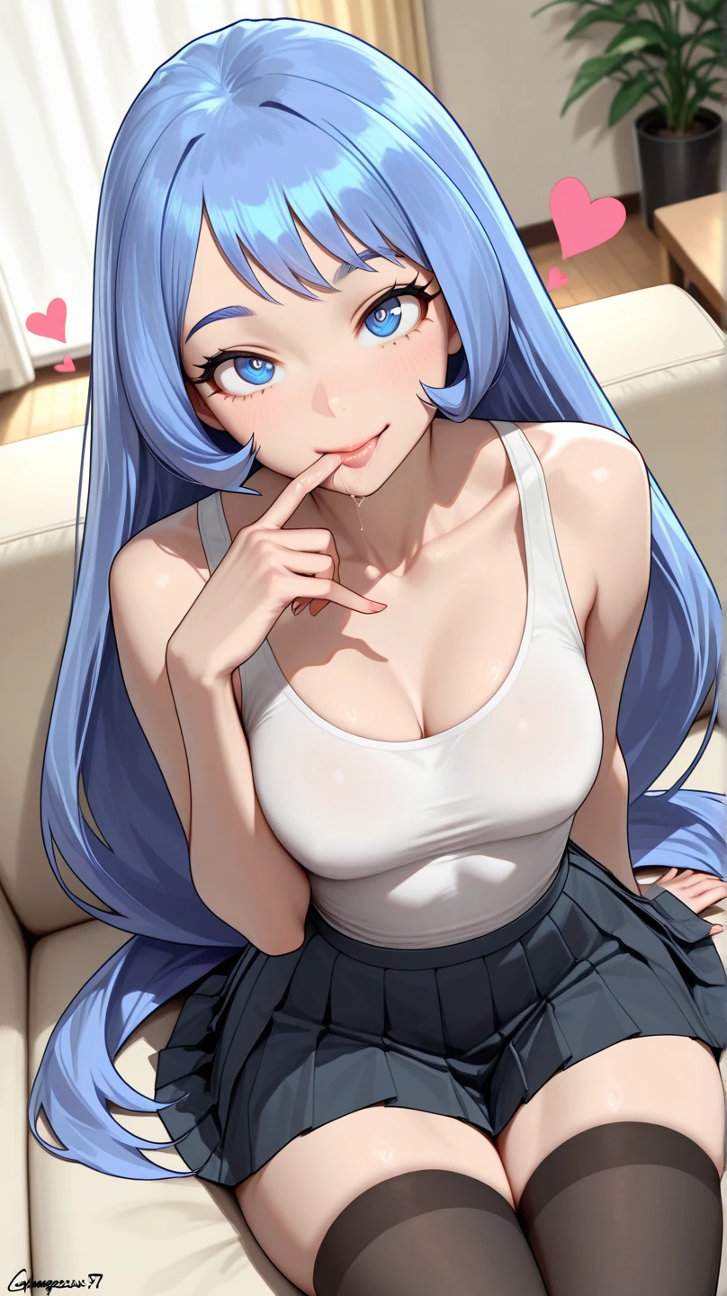 score_9, score_8_up, score_7_up, 1lady, Nejire Hadou, perfect eyes, perfect face, small breast, medium breast, blue hair, blue eyes, adult, tall, perfect attractive curvy slim body, charming beauty, gorgeous body shapes, big hips, thick thighs, solo (Sexy Photoshoot), (Masterpiece, Best Quality) ,
white tank top, black pleated skirt, black stockings,
Charming beauty, looking at viewer, happy, heart,
sitting on sofa, dynamic pose, sexy pose, sucking her finger, finger in mouth, saliva,
pink living room background, view from above