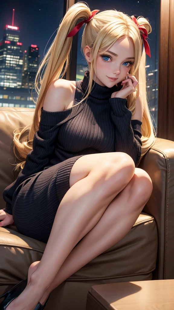 25-year-old Caucasian woman、dark blonde、blue eyes、long hair、setting hair、Her hair is loosely braided and falls over her shoulders.、smile、accessories on the wrist、Slender but well-proportioned muscular body、smile、big chest、Wearing a dress、wearing a cardigan over a dress、I&#39;m wearing a loose-fitting skirt、I&#39;m lying down on the sofa next to the window in the living room and relaxing.、smile、be tall、high resolution