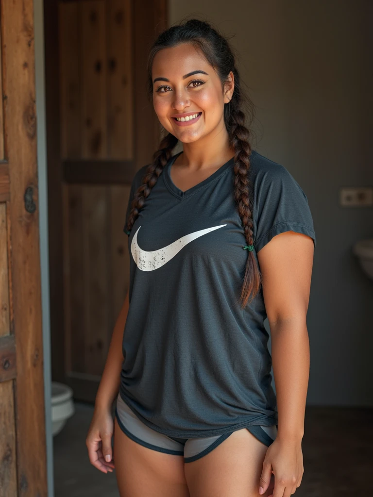 a bouncy and curvaceous American expression girl with a beautiful face, shoulder length dark hair with braids, curvas grossas, Curvilinear, grossas, coxas grossas, barriga clara e rechonchuda, rosto bonito, peituda, camiseta branca fina, inclinada, sedutora, leaning towards shorts looking at camera, vestindo uma camiseta justa, em sua casa, realista, detalhado, 4k -Estilo fantasia -tamanho 3:4