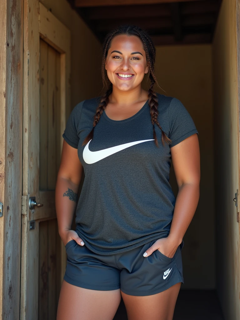 A beautiful half American vs half Korean fitness-plus size ,  muscular woman,  professional rugby player, 35 years old, tall and attractive, wearing a Nike t-shirt and shorts, hair braided, standing in a rustic farm setting. She has a soft, gentle smile and expressive eyes. standing in a washroom, She has a soft, gentle smile and expressive eyes. 