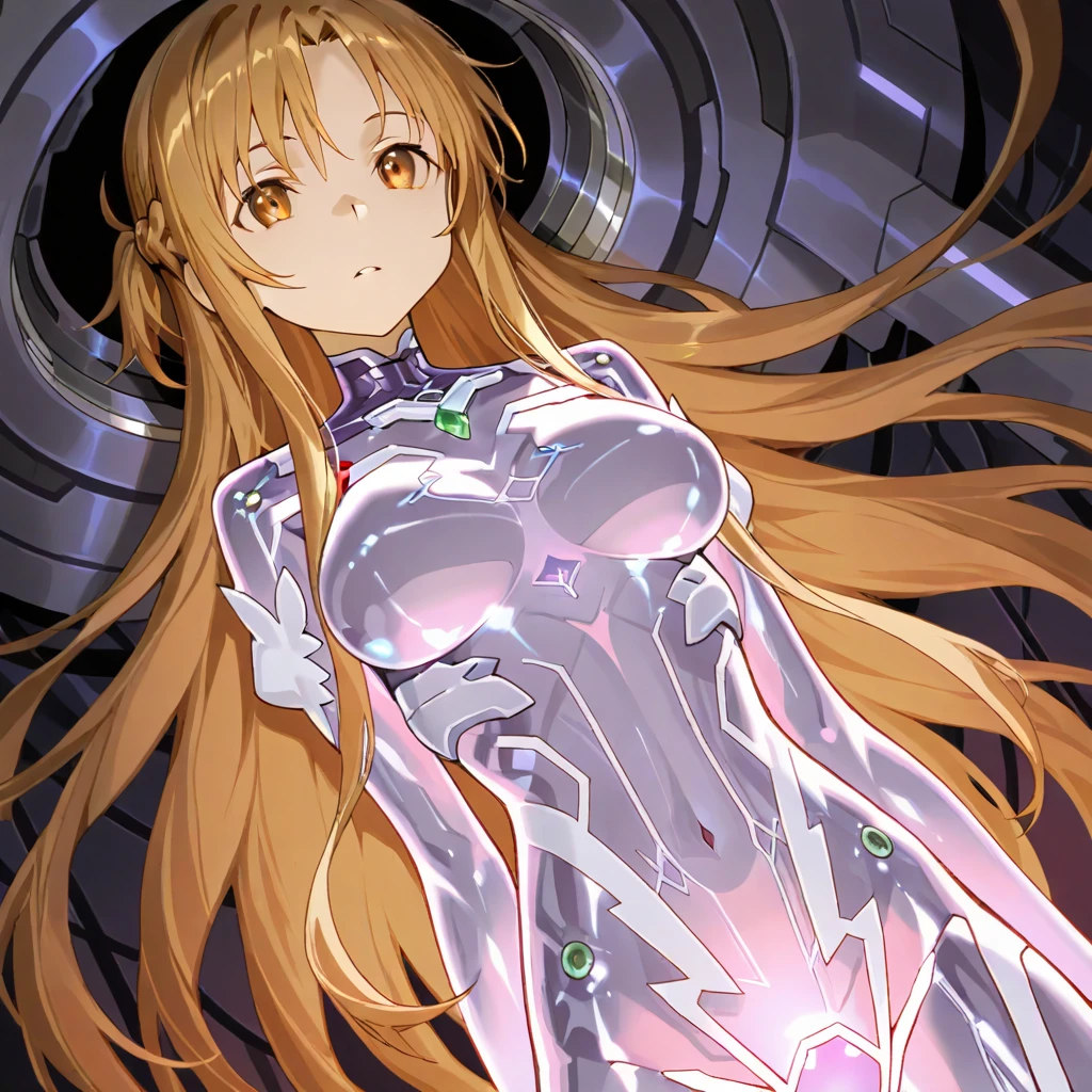 ((Highest quality)), ((masterpiece)), (detailed), (Perfect Face)、The woman is Princess Leona, with medium-long light brown hair. She stands upright in a shiny bodysuit, emerging from the brainwashing device, and is being body-checked by a researcher.、The woman has been brainwashed and is expressionless, with rape eyes