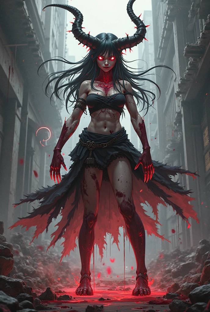 Painting of Gal Gadot demoníaca with a bloodied face and a bloodied head, carnificina, Sci - The Art of Horror Fiction, Science Fiction Horror Arts, inspired by Aleksi Briclot, The fangs of carnage, Horror art in the fantasy genre, Directed by: Aleksi Briclot, arte conceitual de terror, poison, Fantasy and horror art, Detailed 4K horror illustration, demonic creature, dark fantasy horror art, demonic horns, pure evil, markings on his face, tongue out