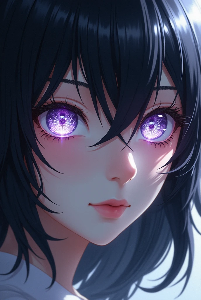 cabello negro, 8k, Super detail, solo los ojos, an image of neon purple eyes, una mirada atrevida, a look of defiance, una mirada divina, lentes redondos oscuros, His eyes shine behind the glasses.., insolencia, waifu, Rostro femenino, Ultra detalle, Attention to detail, long eyeslashes, flequillo, perfect illustration, Digital illustration, Su rostro cubre todo el lienzo., cerrar, centrado en sus ojos, hiper close up, Neon purple iris, purple eyes that highlight neon color, glowing eyes